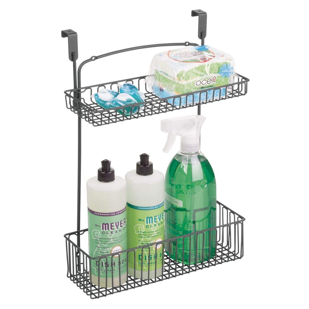mDesign Metal Farmhouse Over Cabinet Kitchen Storage Organizer Holder or Basket - Hang Over Cabinet Doors in Kitchen/Pantry - Holds Dish Soap, Window Cleaner, Sponges - Graphite Gray