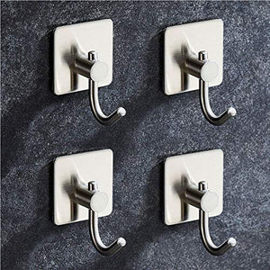 NEXCURIO Adhesive Hooks, Heavy Duty Wall Hooks Sticky Utility Hanger for Bathroom Towel Robe Coat/Kitchen Utensil - Office Storage Organizer, Brushed Finish Stainless Steel (4 Pack)