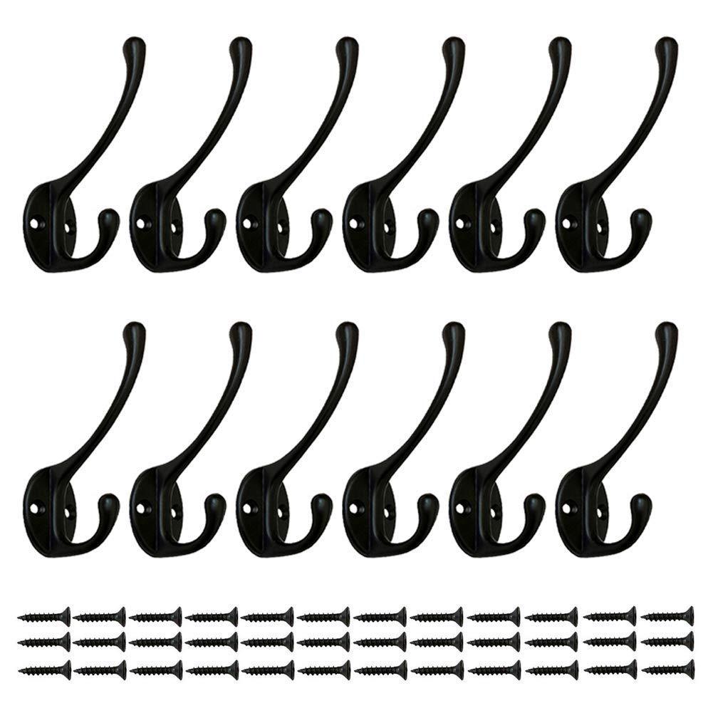 12 Pcs Heavy Duty Dual Coat Hooks Wall Mounted with 30 Screws Retro Double Utility Rustic Hooks for Coat, Scarf, Bag, Towel, Key, Cap, Cup, Hat (Black New Design)