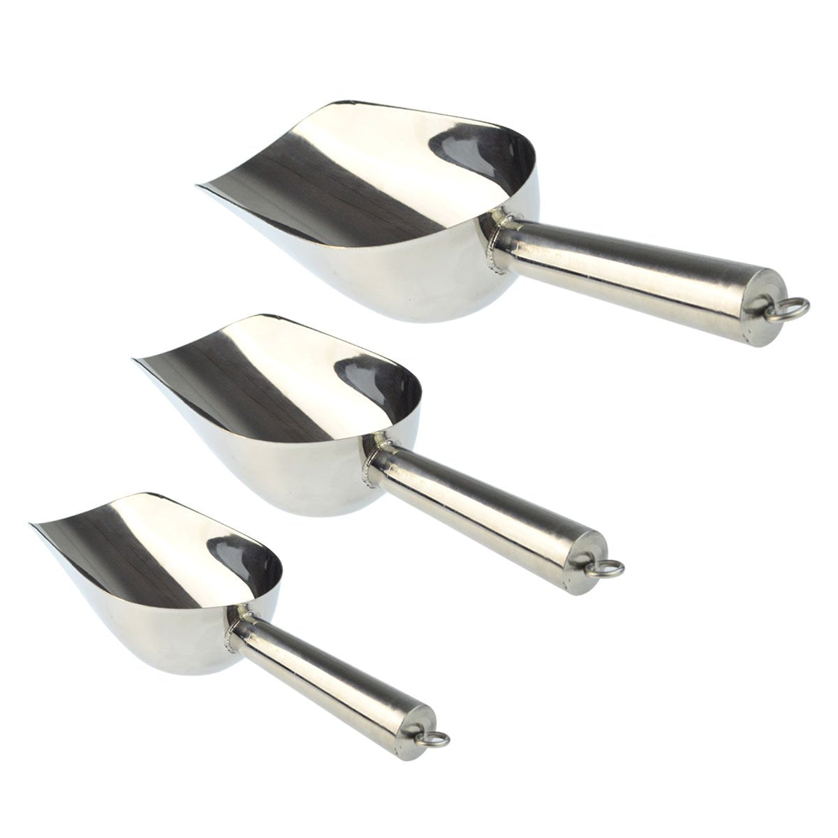 3pcs Ice Scoop, Wobe Stainless Steel Scoops Kitchen Utility Scoops Set Contoured Handle, Ideal for Ice Cube Coffee Bean Food Candy Flour Popcorn Rust Free & Heavy Duty Dishwasher Safe (5-8-12 Ounce)