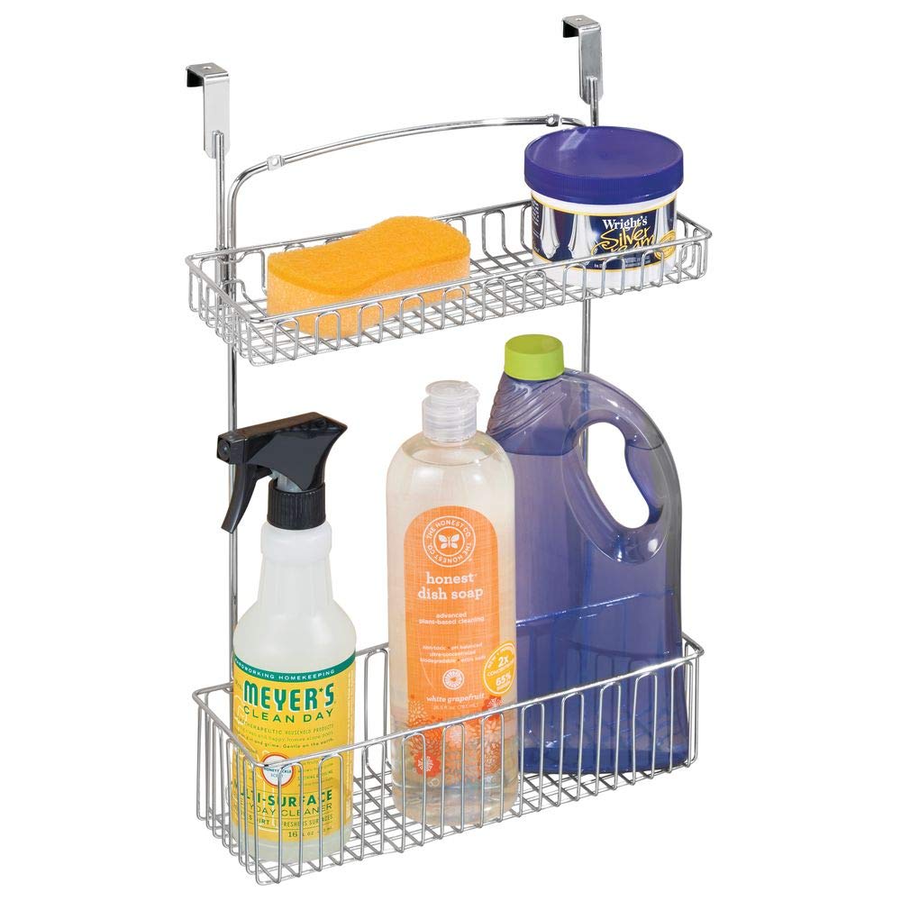 mDesign Metal Farmhouse Over Cabinet Kitchen Storage Organizer Holder or Basket - Hang Over Cabinet Doors in Kitchen/Pantry - Holds Dish Soap, Window Cleaner, Sponges - Chrome