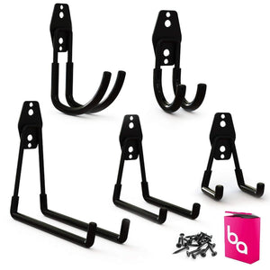 Garage Hooks and Bike Hanger Set, Includes Multiple Split J Utility Hook Sizes, Screw in and Mount on Wall for Easy Heavy Duty Install, Storage and Tool Shed Organizer, Horizontal Bicycle Rack