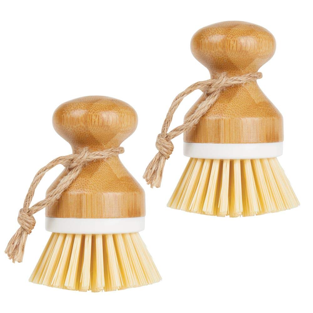 mDesign Bamboo Round Mini Palm Scrub Brush, Stiff Bristles - Wet Cleaning Scrubber - Wash Dishes, Pots, Pans, Vegetables - for Kitchen Sink, Bathroom, Household Cleaning - 2 Pack - White/Natural Wood