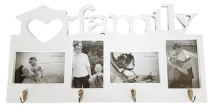Family Love Photo Frame Coat Hook Rack | 4-Slot Picture Collage | Four Coat or Utility Hooks | 21.75"L x 11.5"H Frame, 4" x 6" Photos (White)