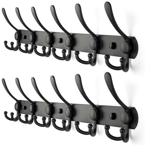 Wall Coat Rack Hooks, 3 Prongs Utility Hook, Clothes Hat Rack for Closet Towel Holder, Anti-Rust Metal Hook and Rail, Matt Black Iron Hooks, 2 Pack