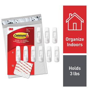 3M Command Damage-Free Utility Hooks, White, Holds 3 pounds, Organize Without Tools, 9 Hooks, 12 Strips, Ships in Own Container (GP001-9NA), 1 Pack