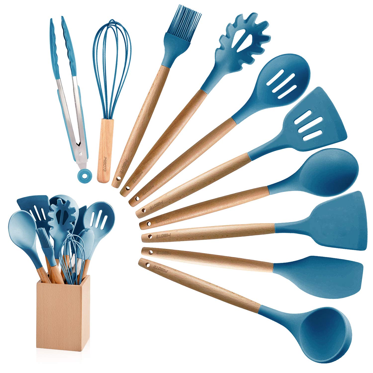 MIBOTE 10 Pieces Silicone Cooking Utensils Kitchen Utensil Set with Holder, Acacia Wooden Cooking Tool Turner Tongs Spatula Spoon for Nonstick Cookware - Best Kitchen Tools Gadgets (Blue)