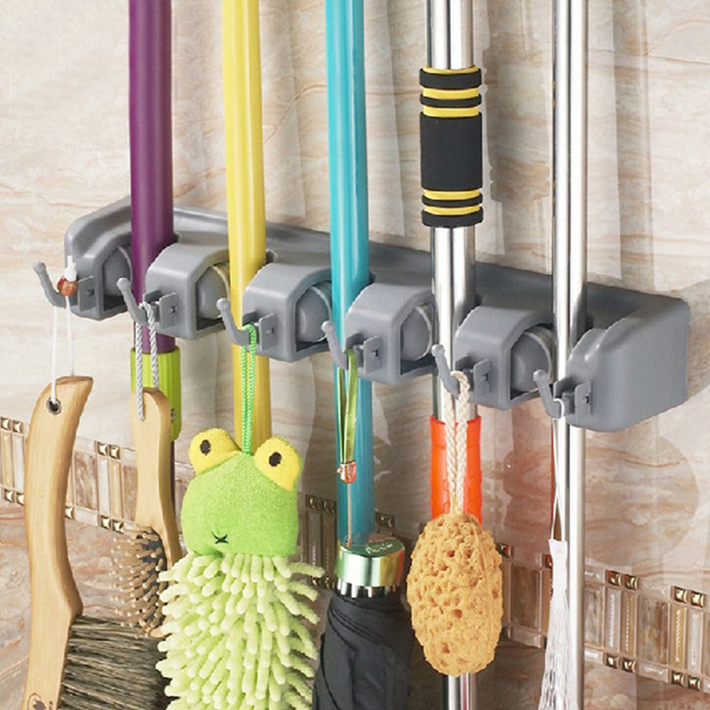 Multi-functional Plastic Mop Broom Holder with Hooks and Slots#1113(5C6)
