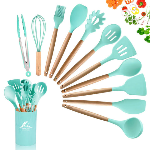 MIBOTE 11pcs Silicone Cooking Kitchen Utensils Set, Bamboo Wooden Handles Cooking Tool BPA Free Non Toxic Silicone Turner Tongs Spatula Spoon Kitchen Gadgets Utensil Set for Nonstick Cookware (Green)