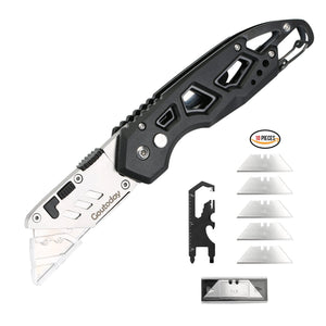 Folding Pocket Utility Knife, Heavy Duty Box Cutter with 10 Replaceable Stainless Steel Blades, Safety Lock-Back Design, Belt Clip, Quick Release Blade Buttoon and Hollowed Out Anti-Skid Handle Design