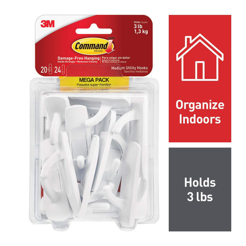 Command White Hooks, 20 hooks, 24 strips, Holds 3 lbs