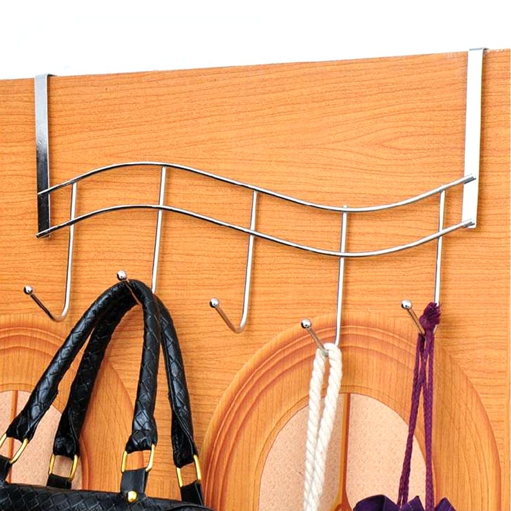 Over The Door Hanger For Kitchen Tools , Heavy-Duty Wall Storage Organizer Racks With 5 Hooks ,Metal Hanging Bathroom Jewelry Closet Holder , Backpack Space Saver For Towel , Coat , Jacket , Robes , Chrome