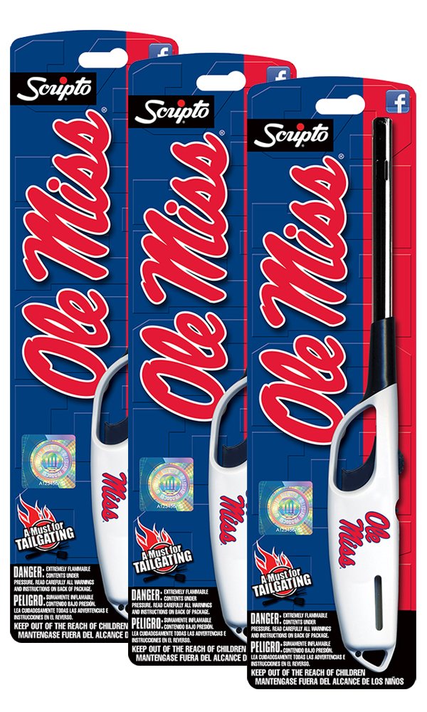 NCAA Ole Miss Rebels Licensed Scripto Multipurpose Utility Lighter - Official Navy Blue & Crimson - Tailgating Essential (3-Pack)