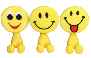 Lucore Happy Smiley Face Toothbrush Holder & Utility Suction Hook - Set of 3 Pcs Emoji Emoticon Style Rubber Wall Hanger Hooks