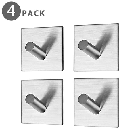 Flexzion Self Adhesive Towel Robe Hook Sticker (4 Pack) - Brushed Stainless Steel Bathrobe Clothes Coat Hat Key Hanger Holder Organizer Storage Wall Mount for Home Bathroom Kitchen Closet