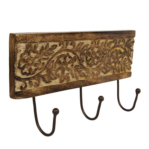 Wall Mounted Key Coat Hanger with 3 Hooks Hat Umbrella Holder Wooden Floral Carved Home Kitchen Decorative