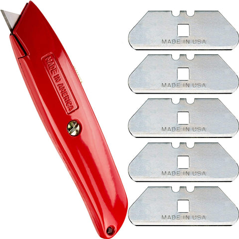 Heavy-Duty Retractable Utility Knife with Comfort Grip and 6 Spare Blades - Hook or Rounded Tip Style. Nearly Indestructible, USA-Made Quality Steel Handle Fits any 2 Notch Style Blades.