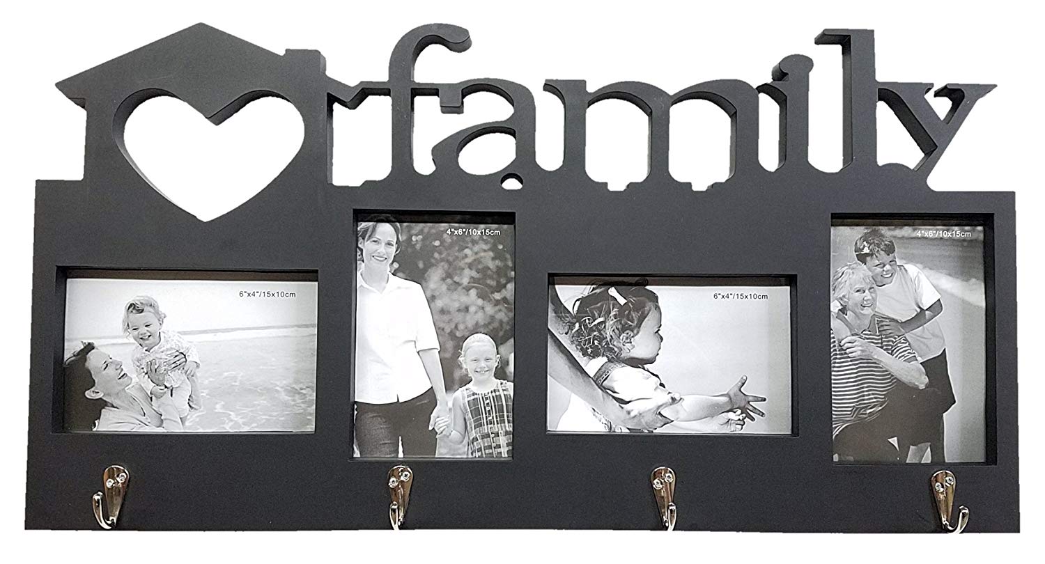 Family Love Photo Frame Coat Hook Rack | 4-Slot Picture Collage | Four Coat or Utility Hooks | 21.75"L x 11.5"H Frame, 4" x 6" Photos (Black)