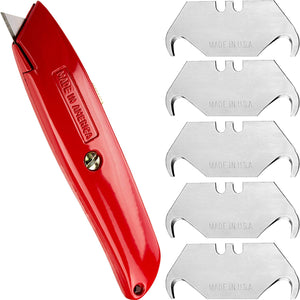 Heavy-Duty Retractable Utility Knife with Comfort Grip and 6 Spare Blades - Hook or Rounded Tip Style. Nearly Indestructible, USA-Made Quality Steel Handle Fits any 2 Notch Style Blades.