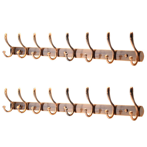 Coat and Hat Hooks, WEBI 2 Set Classic Metal 8-Hook Robe Bath Kitchen Towel Utensil Utility Hook Garment Rack Hanger Rail Holder, Wall Mount Bedroom Home Organization Storage, Antique Copper Plated