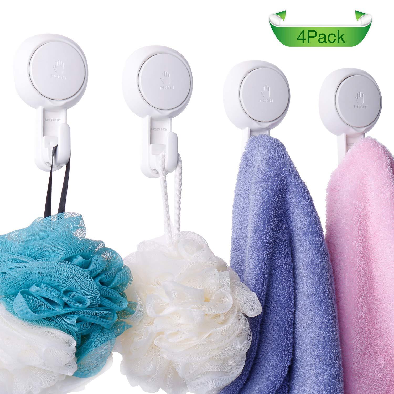 Budget & Good Powerful Suction Cup Utility Hooks 4 Pack, Heavy Duty Vacuum Shower Hooks Suction for Bathroom No Damage Dorm Wall Hanger Plastic Windows Hooks Suction Cup Waterproof Reusable