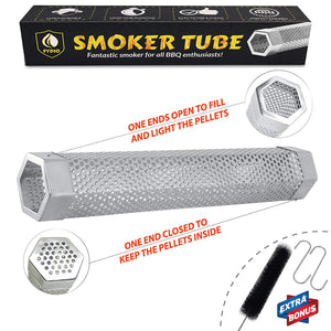 Fydio Premium Smoker Tube 12 Inch: Stainless Steel Hexagon Tube | Perfect for BBQ | Tasty Smoke Flavor | Work on any Grill or Smoker with Hot or Cold Smoking | FREE BONUS: Tube Brush & 2 S-Hooks